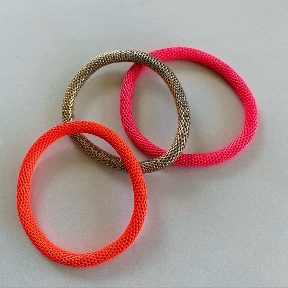 Neon Pink Orange & Gold Woven Metal Bracelet Set
